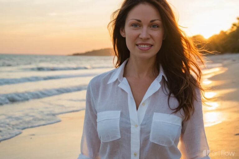 woman walking on the beach at sunset