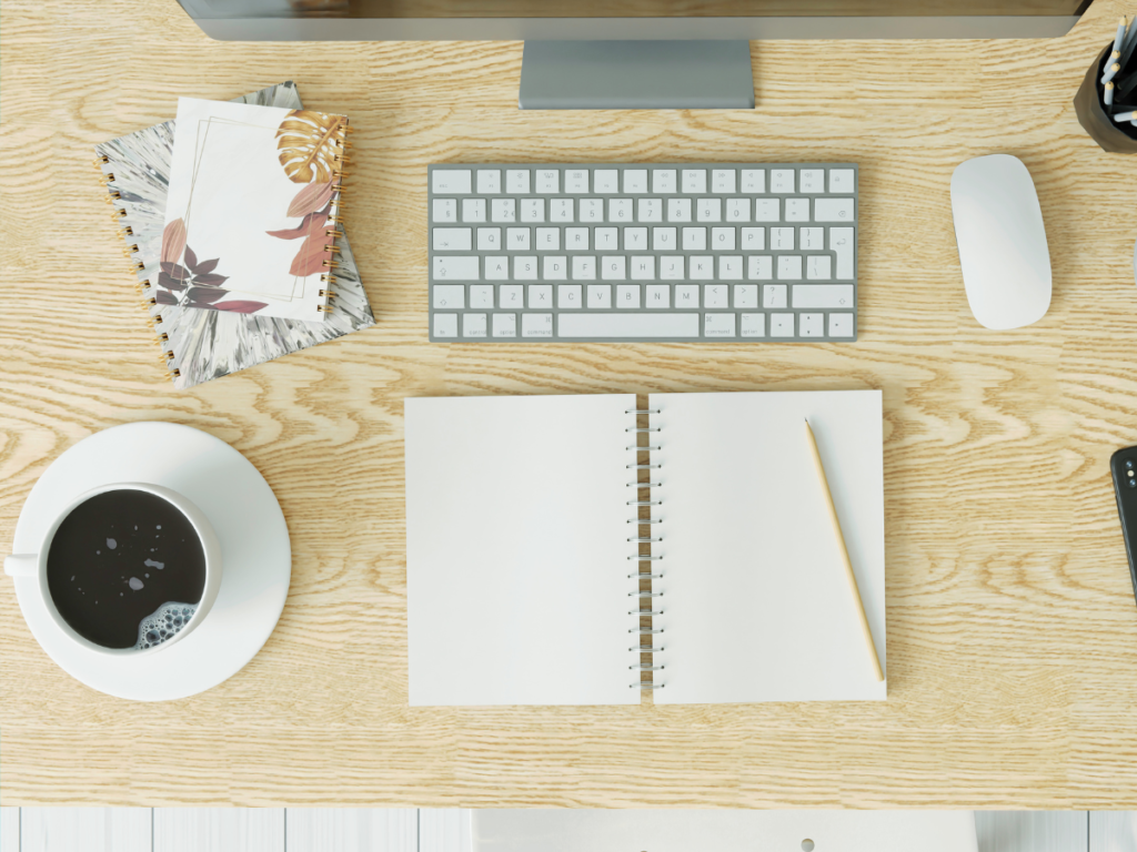 A tidy workspace with organized tools and a journal